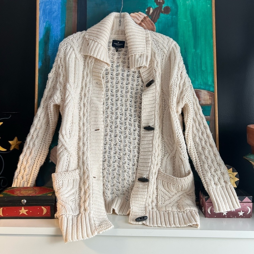 American Eagle Outfitters Cream Cable Knit Cardigan Sweater - Picture 9 of 14